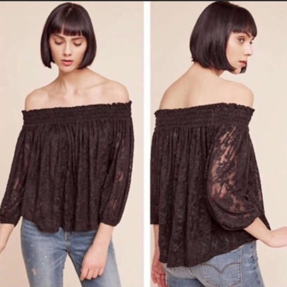 Deletta Tops - Anthropologie Deletta Sommer 3/4-Sleeve Off-The-Shoulder Black Lace Smocked Top